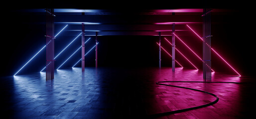 Neon Lights Grunge Sci Fi Stage Showroom Tunnel Corridor Underground Garage Car Room Cement Asphalt Concrete Brick Wall Realistic Blue Purple Red Cyber Background 3D Rendering