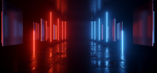 Neonlichter Grunge Sci-Fi-Bühne Laser Showroom Tunnel Korridor Tiefgarage Autoraum Zement Asphalt Beton Mauer Realistisch Rot Blau Elektro Cyber Hintergrund 3D-Rendering
