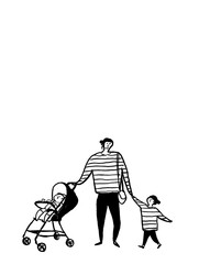 ベビーカーを押す女性と子供と赤ちゃん、線画（縦、下中央配置）