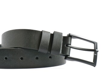 Curved black leather belt on a white background.