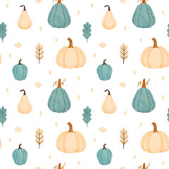Watercolor cute pumpkin seamless pattern. Hand drawn beige and cian pumpkin background.