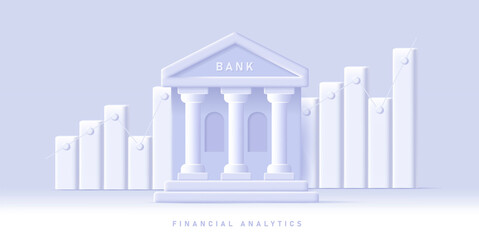Banking building digital 3d icon with volume bar chart on the background