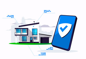 Vector illustration of the protection of a modern suburban two-storey house using a smartphone mobile phone, security in the house