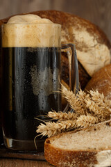 Traditional Russian drink kvass made from bread, rye malt, sugar and water. Kvass in the jug, rye...