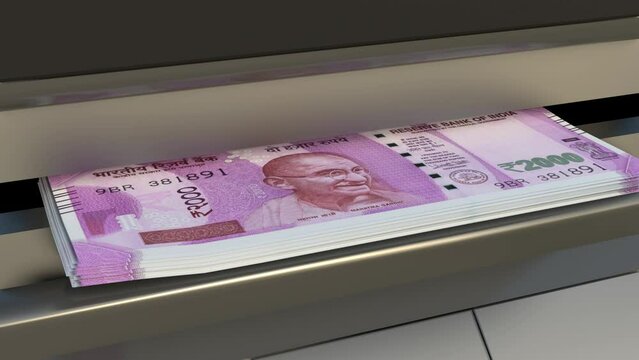 2000 Indian rupees  in cash dispenser. Withdrawal of cash from an ATM. Financial transaction in the bank terminal. INR.