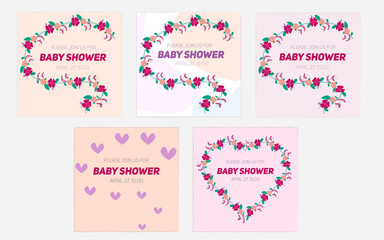Set of tender invitations for baby shower party with floral and heart design in vector