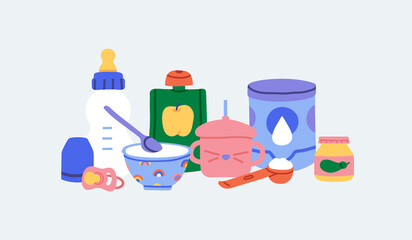 Baby first food set. Dry milk, nipple, puree, measuring spoon, bowl with porridge, soother, bottle, non-spill with pipe, container. Meal preparing for infant concept. Isolated vector background