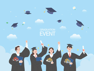 Group of happy graduated students wearing academic dress, gown or robe and graduation cap and holding diploma. Boys and girls celebrating university graduation. Flat cartoon vector illustration.
