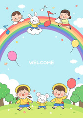 Obraz na płótnie Canvas llustration of cartoon kindergarten. Cute frame with kids, child and frame 