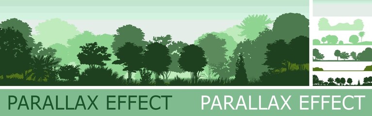 Deciduous forest silhouette with parallax effect. Summer landscape Jungle. Panoramic view. Green scenic. Foliage illustration. Vector