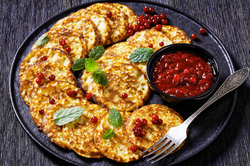 sweet spelt flour pancakes on plate, top view