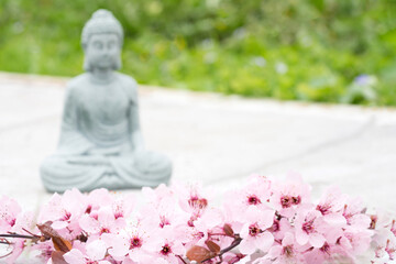 Blooming sakura branch with blurred Buddha statuette on background. Copy space. Meditation and spa concept, mental health. Time for yourself