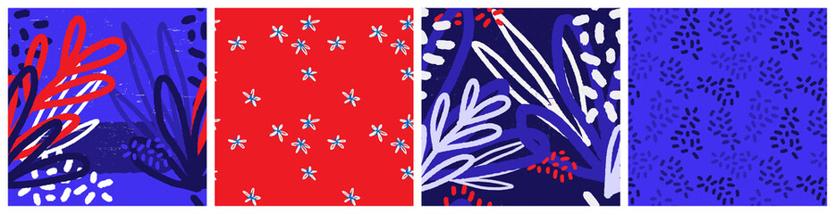Botanical seamless pattern set in red, blue and white colours. Abstract leaves, plants and seeds vector background. Creative nature inspired colorful vector design.