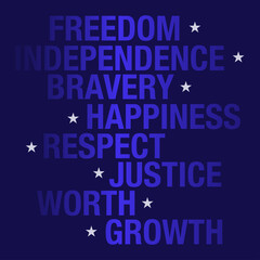 Independence day banner vector design with freedom, respect, justice glowing words on navy background. Suitable for any patriotic celebration in countries which have blue colour in the flag.