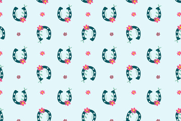 seamless pattern with horse shoe and flower  on yellow background. pastel and lucky concept.