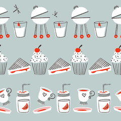 Garden Party Food Vector Seamless Horizontal Seamless Borders Set