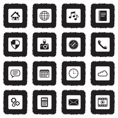 Home Screen Application Icons. Grunge Black Flat Design. Vector Illustration.