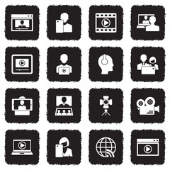 Video Blog Icons. Grunge Black Flat Design. Vector Illustration.