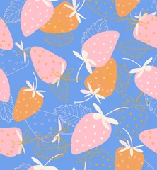 Fototapeten Pink Strawberry seamless pattern on blue background. Hand drawn fresh berry. Vector outline fruit background for branding, package, fabric and textile, wrapping paper © smile_flower