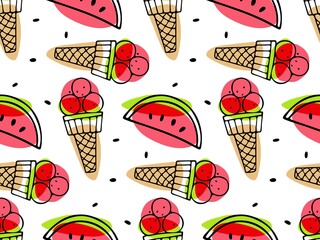 Seamless pattern with Ice Cream and watermelon slice. Ice Cream repeated Vector illustration. Frozen Food template for cafe, restaurant menu, textile, wallpaper, scrapbooking, wrapping paper.