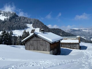 Indigenous alpine huts and wooden cattle stables on Swiss pastures covered with fresh white snow cover, Nesslau - Obertoggenburg, Switzerland (Schweiz)