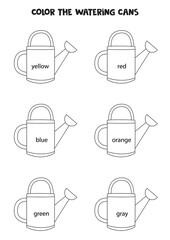 Read names of colors and color watering cans. Educational worksheet for kids.