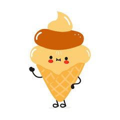 Cute funny ice cream waving hand character. Vector hand drawn cartoon kawaii character illustration icon. Isolated on white background. ice cream character concept