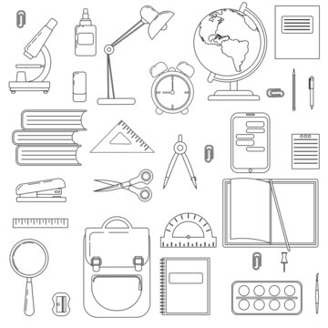 School tools icons. Stationery pictograms. Backpack, ruler, book, brush, pen, globe, pencil and other items in simple style. Isolated on white background vector line illustration.