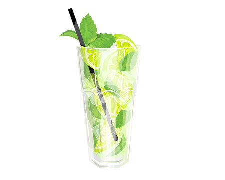 Mojito cocktail. Summer refreshing drink with ice, lime and mint, in a glass glass with a straw.