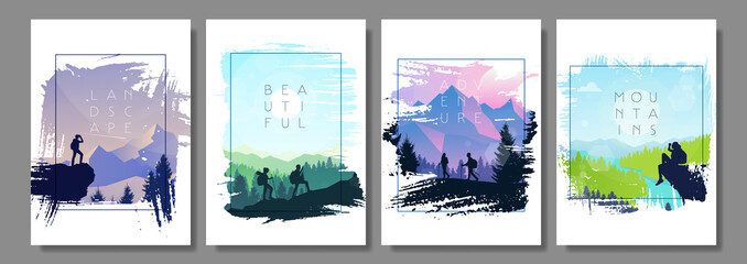 Travel concept of discovering, exploring, observing nature. Hiking. Adventure tourism. Landscape. Frames set. Minimalist style. Flat design. Banners set with polygonal landscapes illustration. Vector