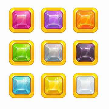 Multicolored square crystals set for game design.
