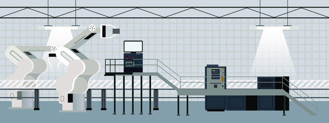 Industrial interior of factory with line conveyor and machinery robots horizontal banner and background web flat vector illustration