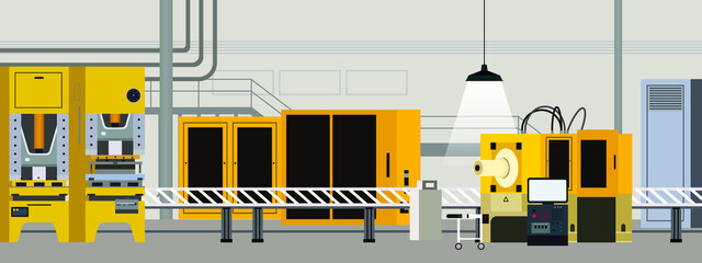 Industrial interior of factory with line conveyor and machinery horizontal banner and background web flat vector illustration