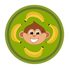 Young smiling monkey head with brown eyes surrounded by bananas in round icon
