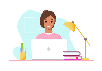 Young woman working with computer. Home office concept, girl working from home, student or freelancer. Female character. Vector cute Illustration in cartoon flat style.