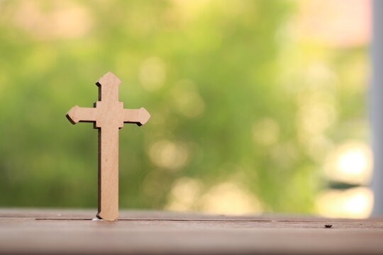 Wooden Christ cross and fresh pile of garlics on dark background. Christcross and garlic are believed that can protect from ghost and bad spirit. Christianity belief with peaceful belong to Jesus.