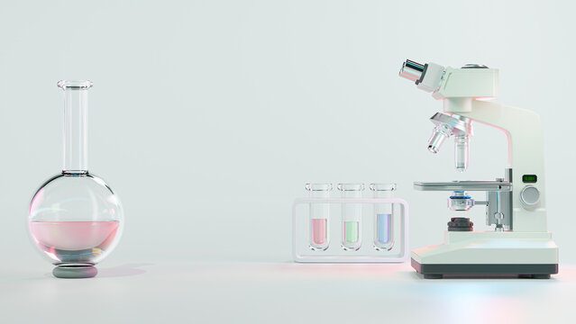 Test tube and Microscope. microbiology magnifying tool and symbol of chemical science exploration. Space for banner and logo. Science experiment and laboratory concept, 3D render.