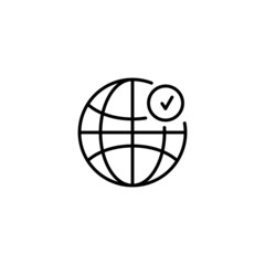 Global research line icon. Planet with magnifier and check mark vector outline sign. eps 10