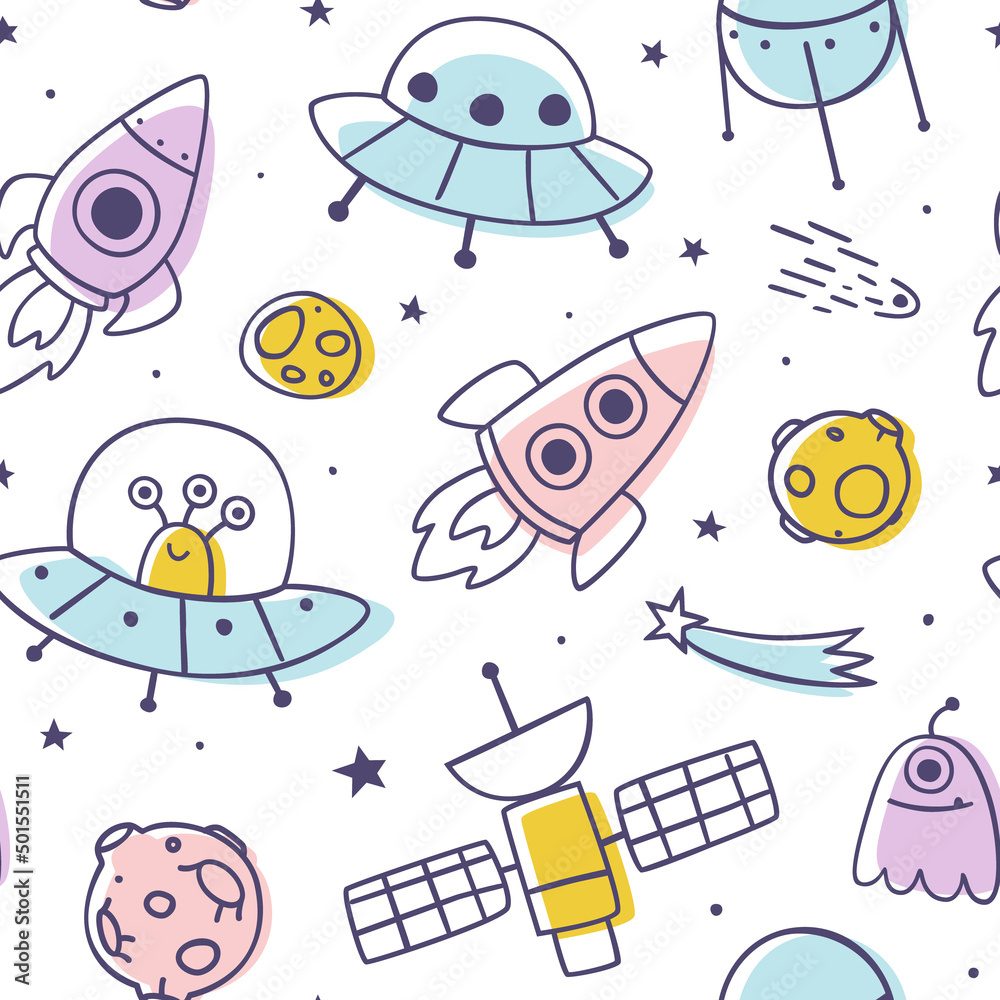 Sticker outline doodle space pattern. cosmic seamless print with spaceship and aliens for kids.