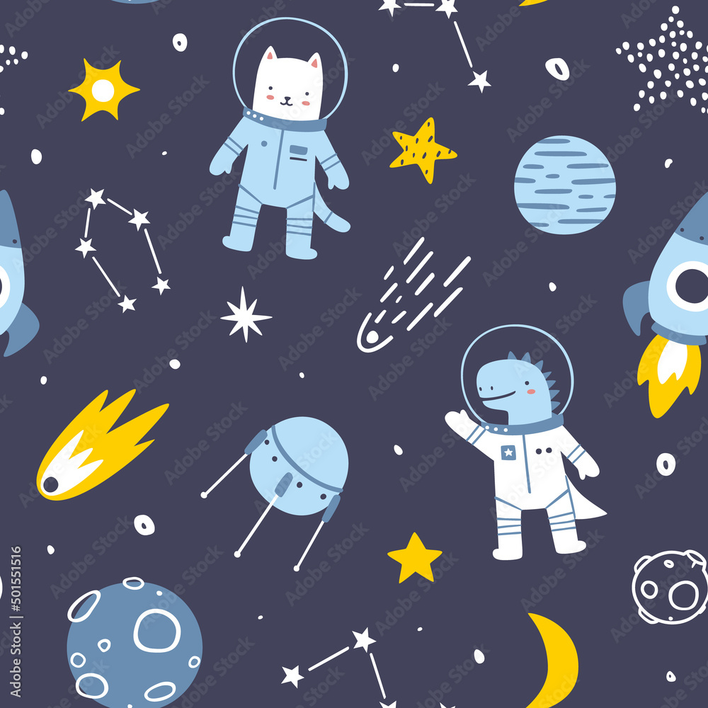 Canvas Prints cute space pattern with animals astronauts. cosmic seamless vector print for baby textile.