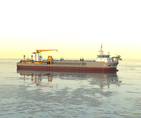A technical fleet vessel designed for dredging and extraction of non-metallic construction materials. Bunker dredger in a water environment. 3d rendering © La Nataly