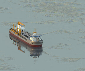 A technical fleet vessel designed for dredging and extraction of non-metallic construction materials. Bunker dredger in a water environment. 3d rendering © La Nataly