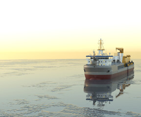 A technical fleet vessel designed for dredging and extraction of non-metallic construction materials. Bunker dredger in a water environment. 3d rendering