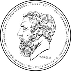 Black and white vector obverse of Greek money, 50 drachmas coin with Solon profile