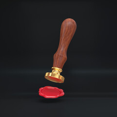 Wooden and gold stamp and red wax seal floating on a black background, 3d render