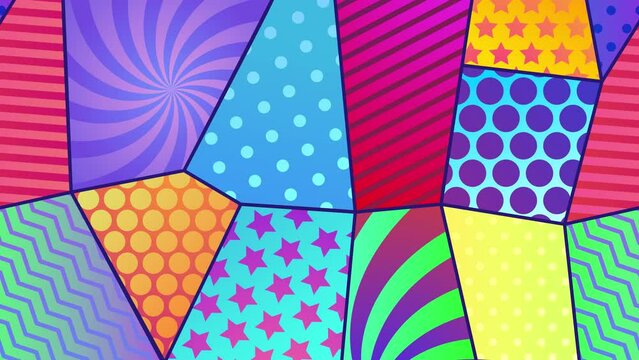 Animated comic pattern. Pop art Vintage background. halftone texture with dots. Cartoon style, Retro Geometric wallpaper comics book, loopable seamless animation. Bright gradient colors