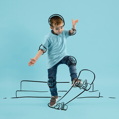 Creative portrait of cute kid, little boy skating on drawn skateboard isolated on blue background with pencil sketch. Concept of ideas, imagination, international children's day