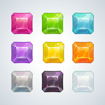 Multicolor square crystal assets for game design.