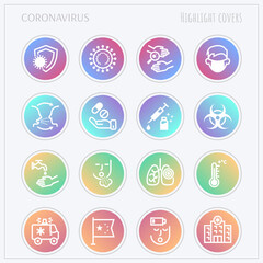 Coronavirus thin line icons set. Highlights for stories cover. Virus, airborne infection, medical mask, fever, vaccine, hand washing, bacteria under magnifier, pneumonia. Vector illustration