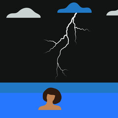 Woman in the sea at night during a thunderstorm